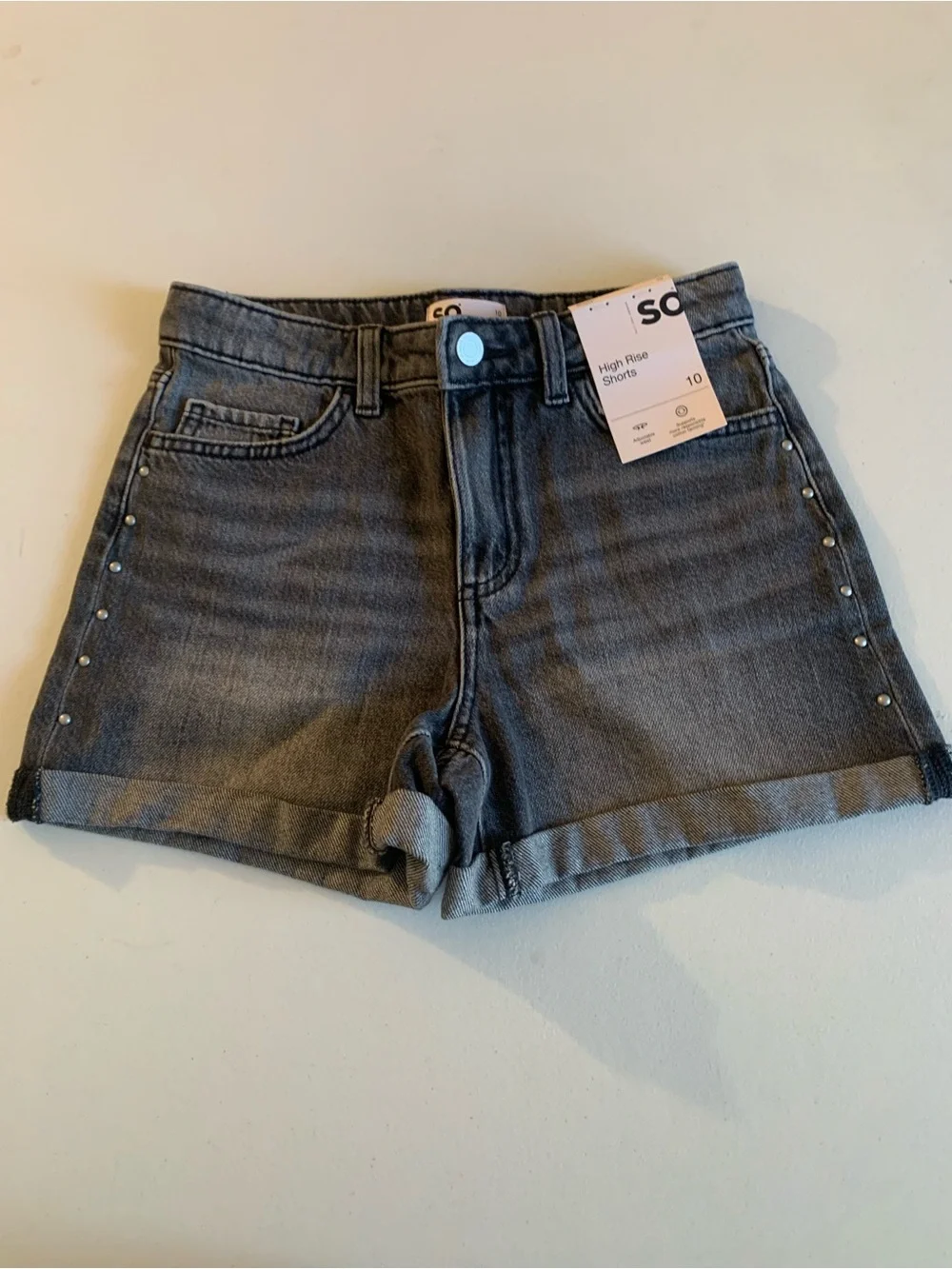 SO Women's High-Rise Gray Denim Shorts with Stud Detail